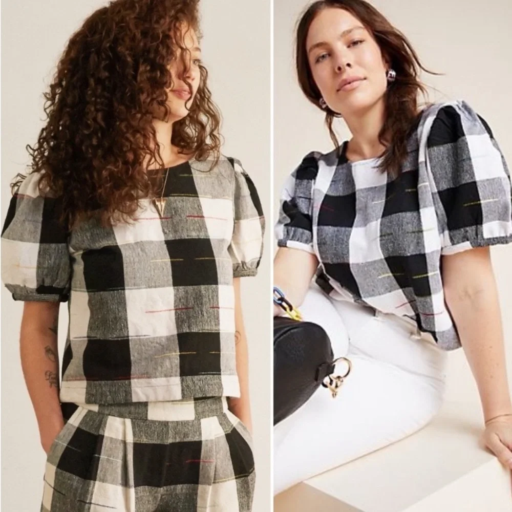 Anthro The Odells Top Gingham Buffalo Check Puff Sleeve Cotton Canvas Blouse XS